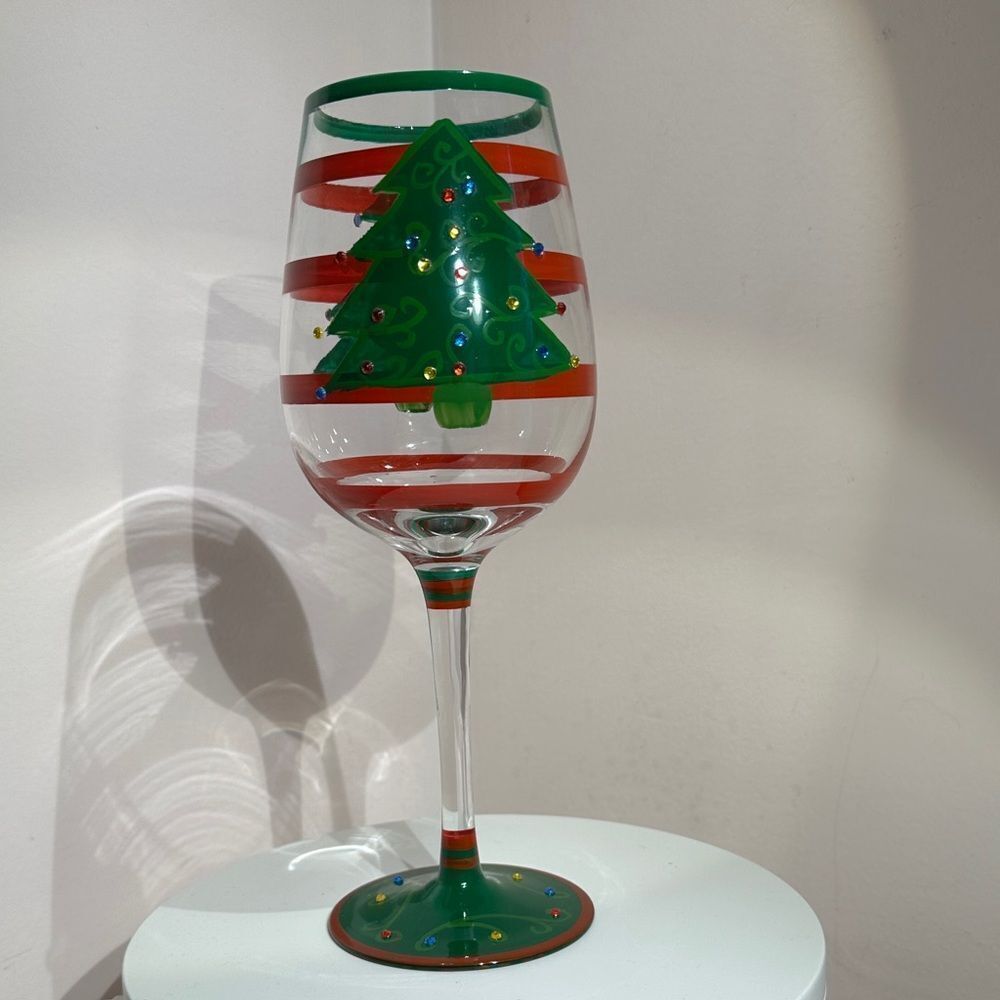 Wine Glass Festive Christmas Tree Hand Painted Rhinestones